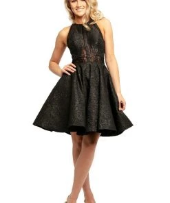 Cocktail Dresses Johnathan Kayne - 9233 Lace Halter Neck Brocade A-line Dress
