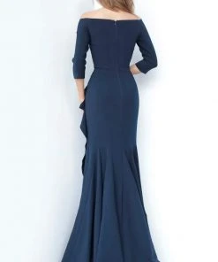 Jovani - 00446SC Off Shoulder Drape Mermaid Dress - 1 Pc Navy In Size 24 Available Formal Gowns