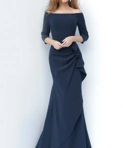 Jovani - 00446SC Off Shoulder Drape Mermaid Dress - 1 Pc Navy In Size 24 Available Formal Gowns