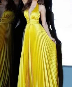 Formal Gowns Jovani - 00637 Deep V-neck Pleated Satin A-line Dress