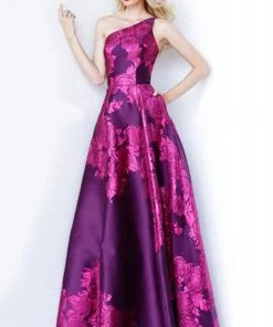 Jovani - 02045 One Shoulder Floral Print Satin Long Gown Formal Gowns