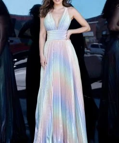 Jovani - 02285 V-Neckline Pleated A-Line Dress Formal Gowns