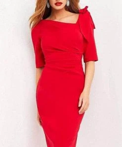 Jovani - 04281SC Short Sleeve Asymmetric Knee Length Dress - 1 Pc Navy In Size 18 Available Cocktail Dresses