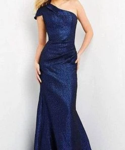 Jovani - 06751SC Asymmetric One Shoulder Cap Sleeve Evening Dress - 1 Pc Cobalt In Size 8 Available Formal Gowns