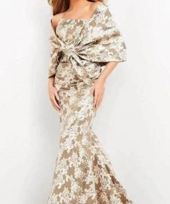 Jovani - 06760 Floral Strapless With Shawl Long Dress - 1 Pc Champagne In Size 4 Available Formal Gowns