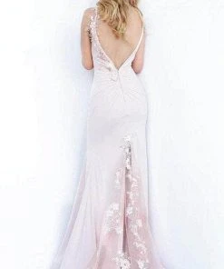 Jovani - 1074 Embellished Sleeveless V-neck Long Dress - 2 Pc Blush In Size 0 And 2 Available Formal Gowns
