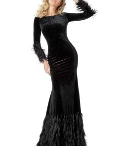 Jovani - 1085 Embellished Bateau Feathered Trumpet Dress Formal Gowns