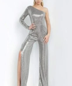 Plus Size Dresses Jovani - 1722 One Shoulder Sequin Jumpsuit With Two Side Slit