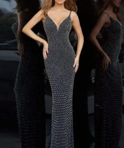 Jovani - 2262 Beaded Plunging V-Neck Sheath Dress Formal Gowns