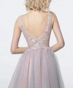 Cocktail Dresses Jovani - 3939 Applique Deep V-neck A-line Dress