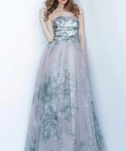 Jovani - 4434 Strapless Printed Pleated Straight Neck A-line Dress