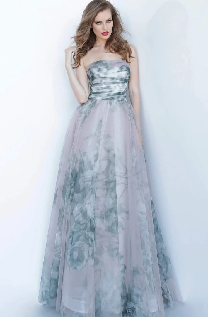 Jovani - 4434 Strapless Printed Pleated Straight Neck A-line Dress 3 Jovani - 4434 Strapless Printed Pleated Straight Neck A-line Dress