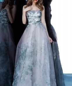 Jovani - 4434 Strapless Printed Pleated Straight Neck A-line Dress 7 Jovani - 4434 Strapless Printed Pleated Straight Neck A-line Dress