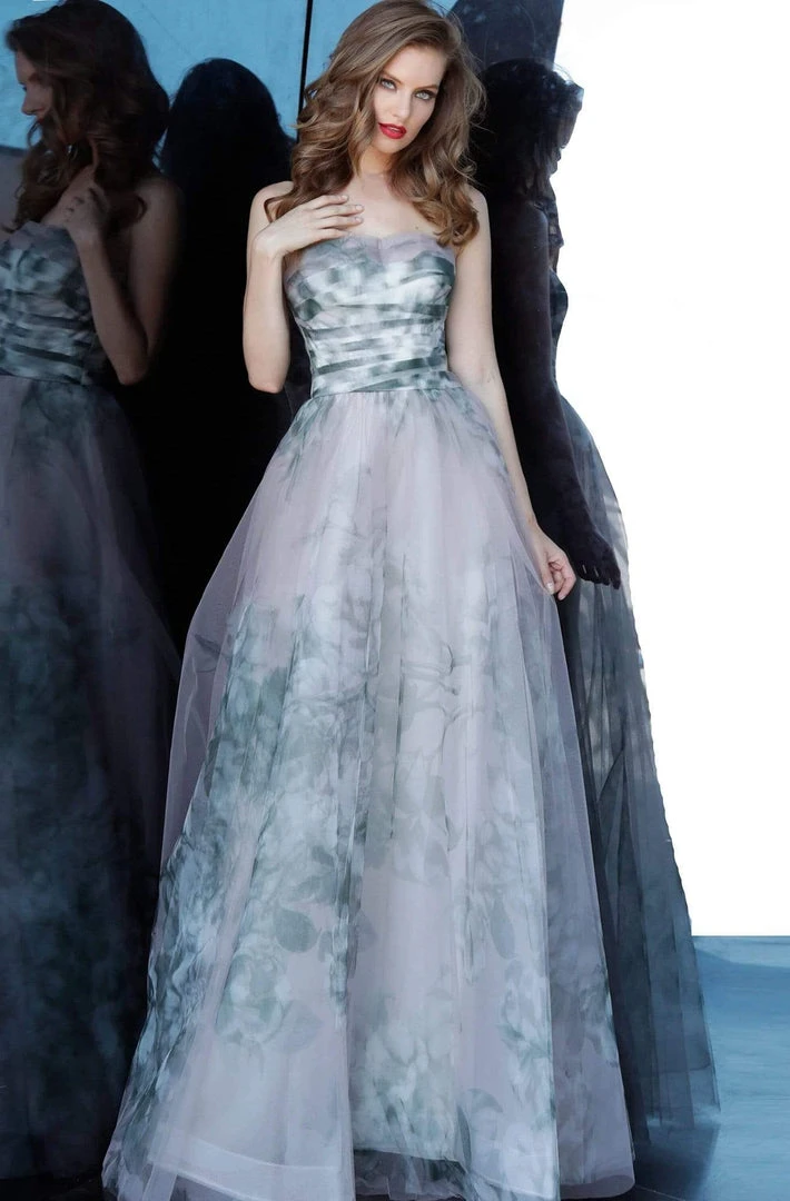 Jovani - 4434 Strapless Printed Pleated Straight Neck A-line Dress 5 Jovani - 4434 Strapless Printed Pleated Straight Neck A-line Dress