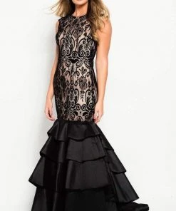 Jovani - 52086 Lace Jewel Neck Tiered Trumpet Dress Formal Gowns