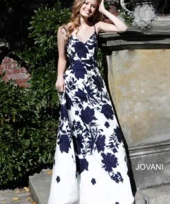 Jovani - 57101 Embellished Floral Patterned V-neck A-line Dress