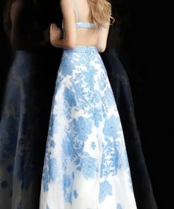 Jovani - 57101 Embellished Floral Patterned V-neck A-line Dress