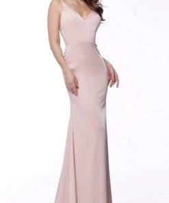 Jovani - 66682 V-Neck Satin Sheath Dress