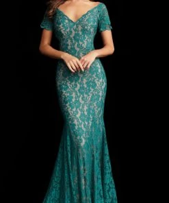Jovani - 66730 Embellished Lace Short Sleeve V-neck Trumpet Dress Formal Gowns