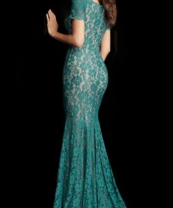 Jovani - 66730 Embellished Lace Short Sleeve V-neck Trumpet Dress Formal Gowns 5 Jovani - 66730 Embellished Lace Short Sleeve V-neck Trumpet Dress Formal Gowns