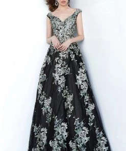 Jovani - 66883 Embroidered Wide V-neck Ballgown Formal Gowns