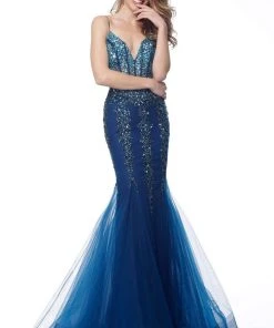 Jovani - 67034 Jewel Beaded Tulle V Neck Mermaid Dress Formal Gowns