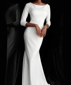 Jovani - 67662 Quarter Length Sleeve Bateau Trumpet Dress Formal Gowns
