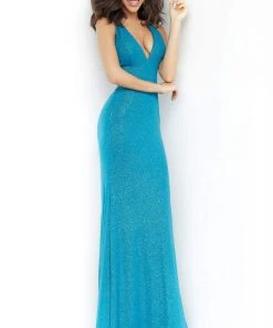 Formal Gowns Jovani - 67866 Long Plunging Glitter Racerback Gown