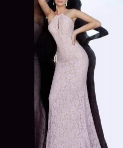 Jovani - 68431 Keyhole Halter Beaded Lace Gown