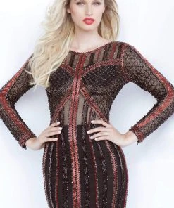 Jovani - 68478 Embellished Long Sleeve Bateau Fitted Dress Cocktail Dresses