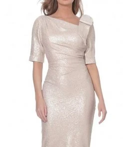 Jovani - Asymmetric Neck Knee Length Fitted Dress 03641SC - 1 Pc Light Gold In Size 4 Available Cocktail Dresses
