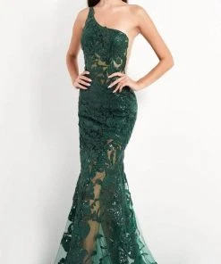 Jovani - Asymmetric Sequin Lace Prom Gown 02895SC - 1 Pc Forest In Size 6 Available