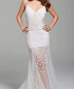 Formal Gowns Jovani - Beaded Plunging V-neck Tulle Trumpet Dress 60695SC