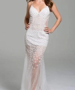 Formal Gowns Jovani - Beaded Plunging V-neck Tulle Trumpet Dress 60695SC 9 Formal Gowns Jovani - Beaded Plunging V-neck Tulle Trumpet Dress 60695SC