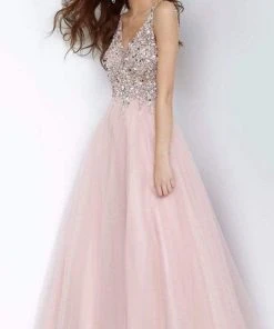 JVN By Jovani Jovani - Beaded Sleeveless V-Back Ballgown JVN2007SC - 1 Pc Blush In Size 12 Available Formal Gowns