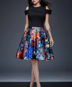 Jovani - Black Top With Print Satin Fit And Flare Dress M504