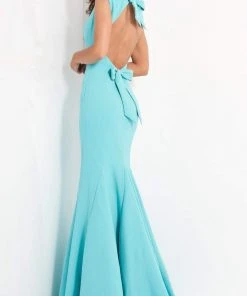 Formal Gowns Jovani - Bow Ornate Cutout Back Mermaid Dress 04098SC - 1 Pc Turquoise In Size 0 Available