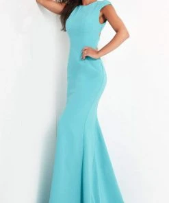 Formal Gowns Jovani - Bow Ornate Cutout Back Mermaid Dress 04098SC - 1 Pc Turquoise In Size 0 Available