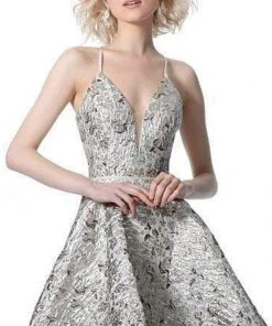 JVN By Jovani Cocktail Dresses Jovani - Deep V-neck A-line Dress With A Strappy Back JVN3821SC - 1 Pc Blue In Size 0 Available