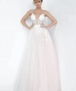 Formal Gowns Jovani - Deep V-Neck Tulle Prom Ballgown 1310SC - 1 Pc Off White/ Lilac In Size 6 Available