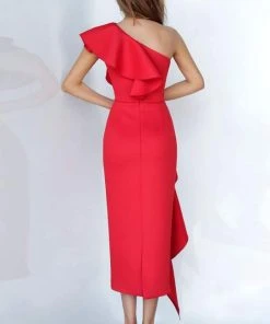 Cocktail Dresses Jovani - Draped Ruffle Accented Sheath Dress 02616SC - 1 Pc Red In Size 8 And 1 Pc Black In Size 4 Available
