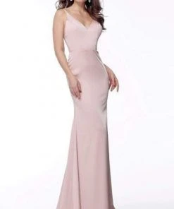 Jovani - Fitted V-Neck Satin Evening Dress 66682SC - 1 Pc Blush In Size 4 Available Formal Gowns