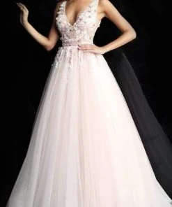Jovani - Floral Embellished Plunging V-Neck Pleated Ballgown 61109SC - 1 Pc Blush In Size 20 Available Formal Gowns
