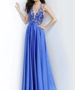 JVN By Jovani Jovani - JVN00927 Lace Deep Halter V-neck A-line Gown