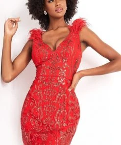 JVN By Jovani Jovani - JVN04760 Feather-Fringed Deep V-Neck Sequin Gown