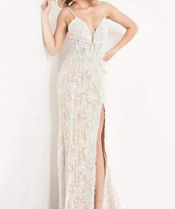 JVN By Jovani Formal Gowns Jovani - JVN05757 Lace Deep V Neck Long Dress With Slit