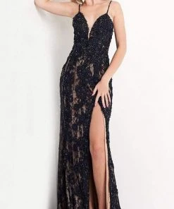 JVN By Jovani Formal Gowns Jovani - JVN05757 Lace Deep V Neck Long Dress With Slit