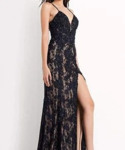 JVN By Jovani Formal Gowns Jovani - JVN05757 Lace Deep V Neck Long Dress With Slit