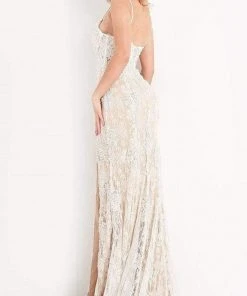 JVN By Jovani Formal Gowns Jovani - JVN05757 Lace Deep V Neck Long Dress With Slit