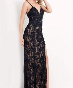 JVN By Jovani Formal Gowns Jovani - JVN05757 Lace Deep V Neck Long Dress With Slit